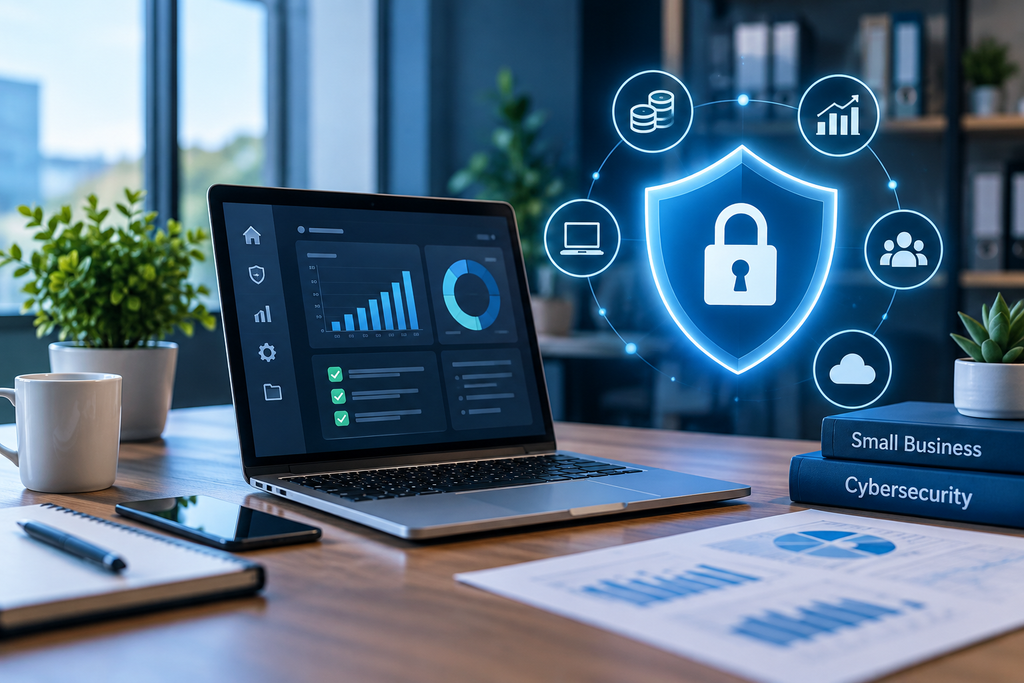 Small business team reviewing cybersecurity costs and protection options